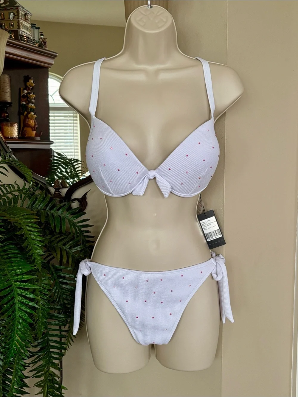 NWT White & Pink Studded Embellished Bikini High Cut 2-Piece Swim Push Up Bra